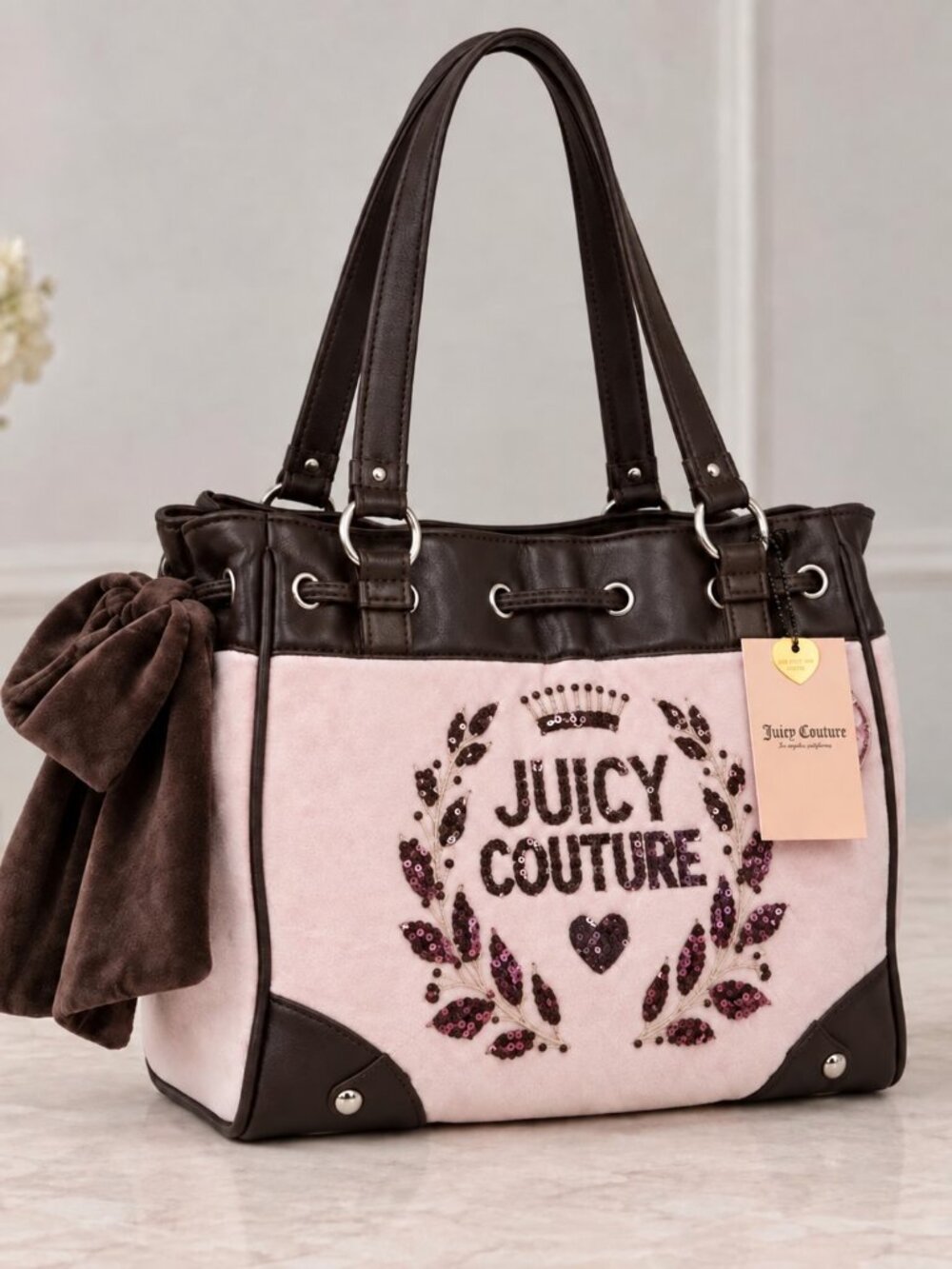 Juicy Couture Daydreamer Tote Blush Pink Velour Black Trim Sequin Crest NWT